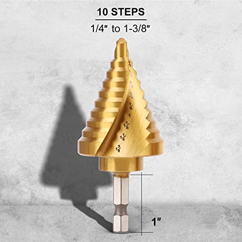 COMOWARE 10 Sizes HSS Titanium-Coated Step Drill Bit, 1/4" to 1-3/8", Two-Spiral Flute Step Bit for Metal, Stainless Steel, Wood & Plastic, with 1/4" Hex Shank - style: 1Pc Titanium - Hex Shank
