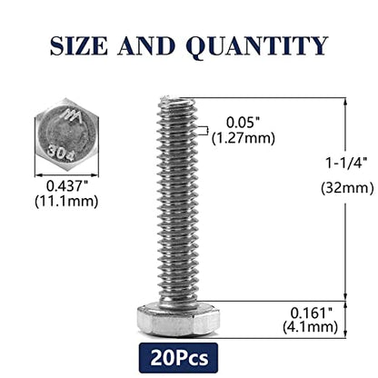 1/4-20 x 1-1/4" Hex Head Screw Bolt, 20Pcs 18-8 (304) Stainless Steel, Fully Threaded, Plain Finish, by SG TZH - size: 1/4-20 x 1-1/4"