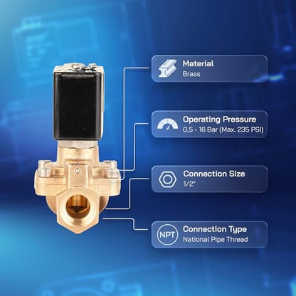 UNOX 1/2" NPT Solenoid Valve 24V DC, Brass Control Valve Normally Closed - 7-232 PSI Multi-Purpose Reliable Control Valve for Water, Air, and Gas - Solenoid Valves - size: 0.5 Inch, style: 24V DC
