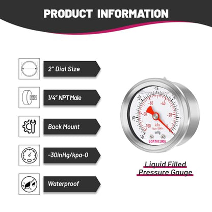 -30inHg/kpa-0 Glycerin Filled Vacuum Pressure Gauge, 2" Dial Size, 304 Stainless Steel Case, 1/4" NPT Center Back Mount, with High Accuracy - size: -30inHg-0, style: Back Mount