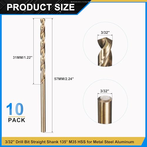 PATIKIL 3/32" Drill Bit M35 Cobalt 5% High-Speed Steel for Metal 10 Pack - size: 3/32"