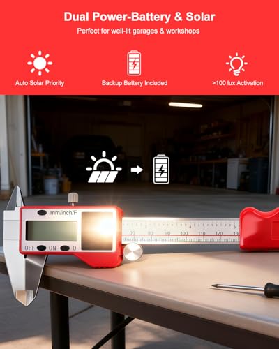 GODESON Solar Powered Digital Caliper, 6“ Digital Calipers with 0.001" Accuracy Stainless Steel, 3 Units Inch/mm/Fraction, 5 Modes Including Differential, for DIY Woodworking Metalworking 3D Printing