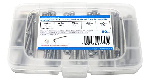 iexcell 50 Pcs M4 x 40/45/50/55/60mm Thread Pitch 0.7 mm Stainless Steel 304 Hex Socket Head Cap Screws Bolts Assortment Kit - size: M4 x 40/45/50/55/60mm
