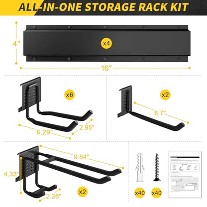 64 Inches Garage Storage, UUP Garage Organization Wall Mount Garden Tool Organizer, 620lbs Adjustable Metal Hooks, Yard Shed Rail Rack, Lawn Tool Holder for Hanging Rake Broom Mop Snowboard, Home Gift - size: 64" with 4 Panels & 10 Hooks