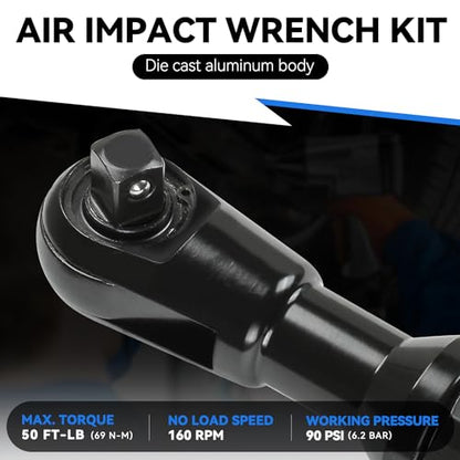 Auto Dynasty 17 Pieces 1/2" Air Ratchet Wrench Kit Set Heavy-Duty Aluminum Body, 50 ft-lb Max Torque, 160 RPM Speed, Versatile Pneumatic Sockets