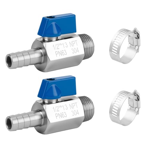 2Pack 1/2" Hose Barb to 1/2" NPT Male Mini Ball Valve 304 Stainless Steel Shut Off Valve with Clamps Kit for Air Water Fuel Gas (1/2" Barb x 1/2" NPT Male) - size: 1/2" Barb x 1/2" NPT Male