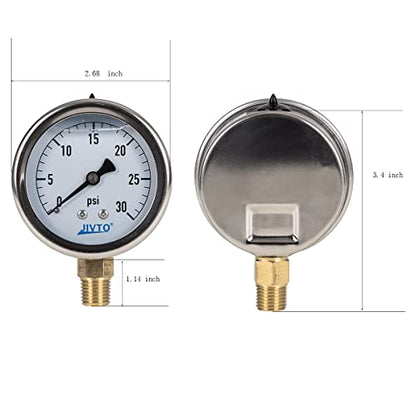 Pressure Gauge,Glycerin Liquid Filled,2.5" Dia,0-30 psi(Single Scale),1/4" NPT Brass Connection,Lower Mount, Stainless Steel Case,for Pneumatic,Pump,Hose,Well Tank,Gas Air Water Oil - size: 0-30 psi, style: lower mount(single scale )