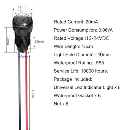 Gebildet 6pcs White LED Indicator Pilot Light AC/DC 12-24V Mounting Hole Size 10mm(Flame Retardant Plastic Shell) - color: White 12-24V/Black shell