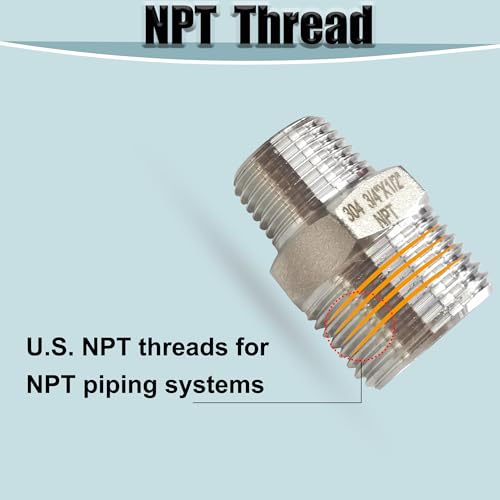 304 Stainless Steel Hex Nipple Reducer, 3/4" x 1/2" NPT Male Threaded Reducing Nipple Pipe Fitting Adapter, 2000psi Heavy Duty Reducer Straight Connector (3/4"- 1/2")