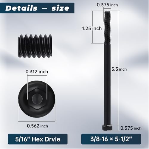 Glvaner 6-Pack 3/8-16 x 5-1/2" Socket Head Cap Screws, Grade 12.9 Alloy Steel, Black Oxide Finish, Partial Thread UNC, Allen Hex Drive - size: 3/8-16 x 5-1/2"