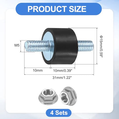 uxcell 4Pcs M5 x 10mm Rubber Mounts, 10 x 15mm Cylindrical Anti Vibration Isolator Studs Shock Absorber Double Studs with Nuts for Car Bobbin Generator Air Compressors - size: M5 x 10mm, 10 x 15mm