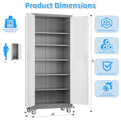Reemoon 71" H Metal Garage Storage Cabinet with Wheels,Grey&White - color: White, size: 31.5" W x 16" D x 71" H
