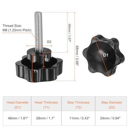HARFINGTON 2pcs Star Knobs M8 x 40mm 304 Stainless Steel Threaded Stud 46mm Plastic 6-Star Head Hand Tightening Thumb Screw Clamping Jig Knob Handle, Black - size: M8 x 40mm x 46mm