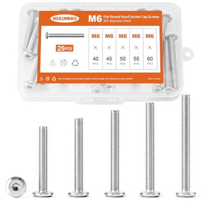 M6 x 40mm 45mm 50mm 55mm 60mm Flat Round Head Hex Socket Cap Screws Bolts, Furniture Screws, 304 Stainless Steel, Metric Fully Threaded, Allen Hex Drive, Bright Finish, Assortment Kit 25PCS - size: M6 x 40/45/50/55/60mm (25PCS)