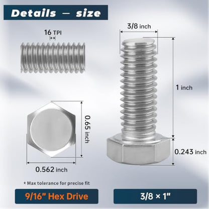 8 Sets Glvaner 3/8-16 x 1 Stainless Steel Hex Head Screws Bolts, Nuts, Flat & Lock Washers, 18-8 (304) Stainless Steel, Full Thread, Coarse Thread - size: 3/8-16 x 1"