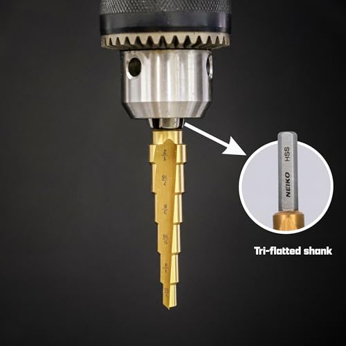 NEIKO 10183A Step Drill Bit, 6 Steps 3/16” to 1/2” Straight High Speed Steel, Titanium Nitride Coated, 1/4” Tri Flat Step Bits for Steel, Metal, Wood, Plastic, Unibit Cone Drill Bits, Two Flute - size: #2 (3/16 - 1/2", 6S), style: Straight