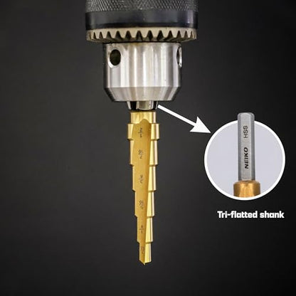 NEIKO 10183A Step Drill Bit, 6 Steps 3/16” to 1/2” Straight High Speed Steel, Titanium Nitride Coated, 1/4” Tri Flat Step Bits for Steel, Metal, Wood, Plastic, Unibit Cone Drill Bits, Two Flute - size: #2 (3/16 - 1/2", 6S), style: Straight