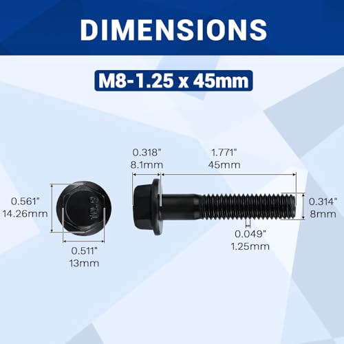 12-Sets M8-1.25 x 45mm Grade 10.9 Flange Hex Bolts + Flange Nut + Flat Washer + Lock Washer Combo Pack, Black Oxide, for Automotive & Machinery - size: M8-1.25 x 45mm