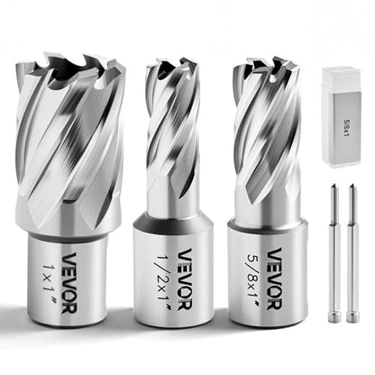 VEVOR Annular Cutter Set, 5 pcs Weldon Shank Mag Drill Bits Kit, 1" Cutting Depth, 1/2", 5/8", 1" Cutting Diameter, HSS, 3 Drill Bits with 2 Pilot Pins and 3 Plastic Cases, for Magnetic Drills, Steel - size: 1/2" - 1" * 1"