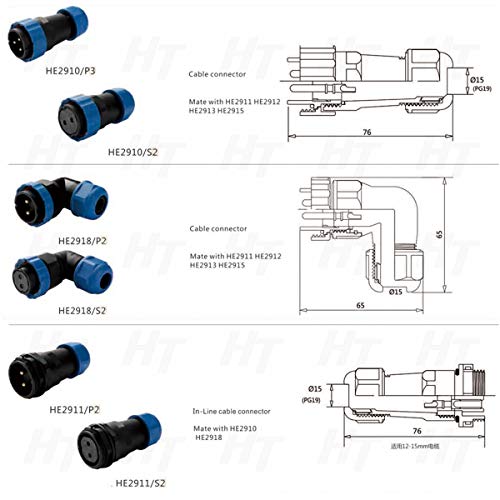 HangTon HE29 6 Pin Bulkhead Plastic Waterproof Connector Threaded Outdoor Industrial Electrical Power Circular Male Female Angled Wire Cable Plug + Panel Socket (6 pin) - size: 6 pin
