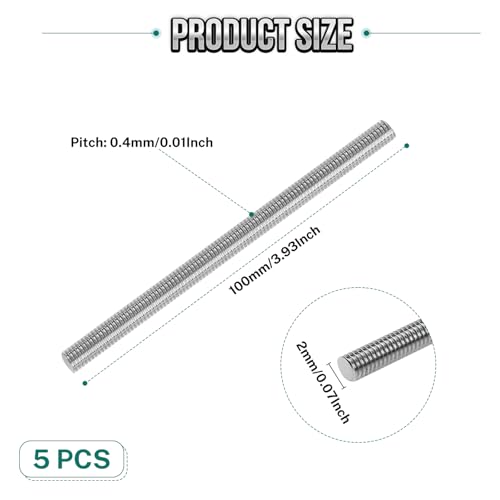 5Pcs Fully Threaded Rod & Studs, M2 x 100mm Long Threaded Screw, 0.4mm Thread Pitch, 304 Stainless Steel Right Hand Thread Bar Studs for Furniture Machinery Assembly - size: M2 x 100mm