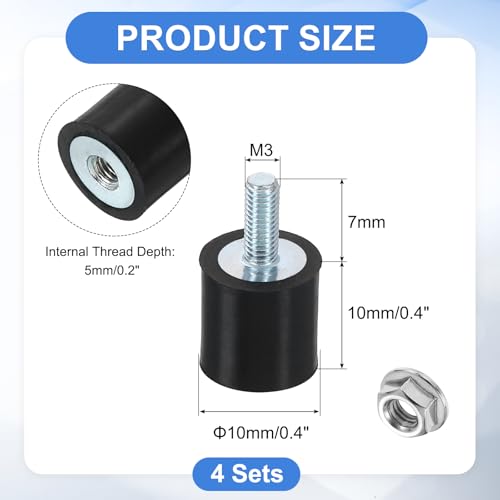 uxcell M3 Rubber Mounts, 4Pcs 10x10mm(DxH) Rubber Cylindrical Anti Vibration Isolator Shock Absorber with Lock Nut for Car Bobbin Generator Air Compressors - size: M3x8mm, 10x10mm Rubber