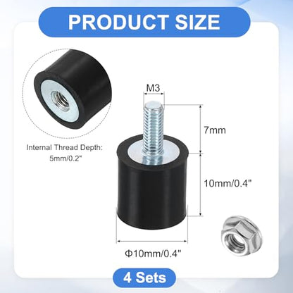uxcell M3 Rubber Mounts, 4Pcs 10x10mm(DxH) Rubber Cylindrical Anti Vibration Isolator Shock Absorber with Lock Nut for Car Bobbin Generator Air Compressors - size: M3x8mm, 10x10mm Rubber