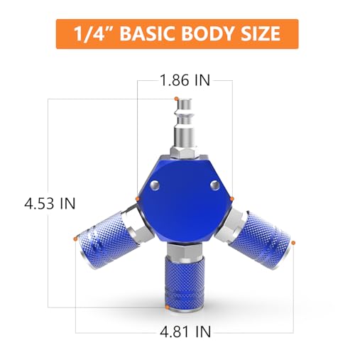 GASHER Blue 3-Way 1/4 Inch NPT Aluminum Hex Style Air Manifold with 3 Pieces Steel Industrial Coupler and Plug, Air Compressor Hose Accessories Quick Connect Fittings Air Splitter - style: BLUE 1PCS
