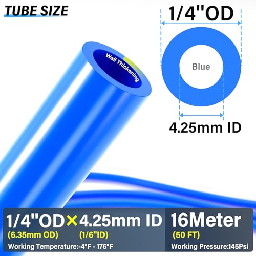 TAILONZ PNEUMATIC Blue 1/4 Inch OD 16 Meter 50ft PU Polyurethane Air Tubing Kit Pipe Hose Air Line Tubing Air Hose Fittings Push to Connect Fittings(27PCS) - color: Blue, size: 1/4" OD - 50 FT