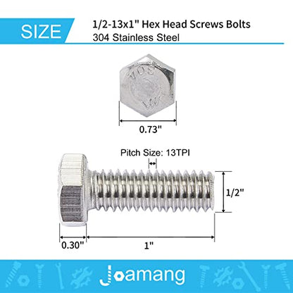 1/2-13 x 1 Hex Head Bolts, Stainless Steel 304, Hexagon Head Screws, UNC Coarse Thread, Bright Finish, Fully Threaded, Quantity 8 - size: 1/2-13 x 1"(8 PCS)