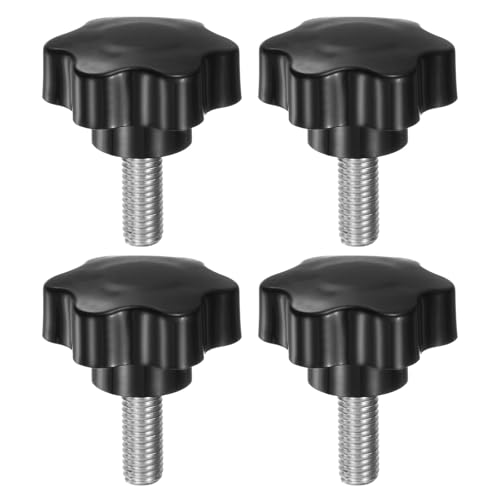 HARFINGTON 4pcs Star Knobs M10 x 25mm 304 Stainless Steel Threaded Stud 46mm Plastic 6-Star Head Hand Tightening Thumb Screw Clamping Jig Knob Handle, Black - size: M10 x 25mm x 46mm