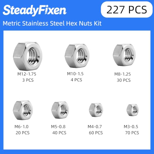 Hex Nuts Assortment Kit, 304 Stainless Steel 18-8 (A2-70), Hardware Nuts Set for Mechanical Repair & Assembly, Silver,[M3-0.5 M4-0.7 M5-0.8 M6-1 M8-1.25 M10-1.5 M12-1.75] (227 PCS) - size: 227PCS,M3,M4,M5,M6,M8,M10,M12