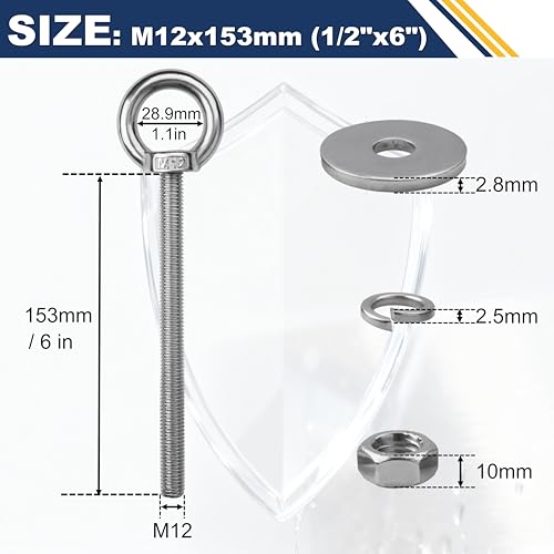 2 Pack M12 Stainless Steel Eye Bolts with Nuts, 1/2" x 6" Eye Bolts - size: M12x153mm (1/2"x6")