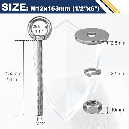 4 Pack M12 Stainless Steel Eye Bolts with Nuts, 1/2" x 6" Eye Bolts - size: M12x153mm (1/2"x6")