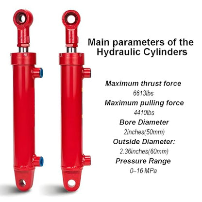 2x6 Hydraulic Cylinder 3 Ton Double Acting Welded Hydraulic Cylinder 2"Bore x 6"Stroke with 3/8" JIC 37°(9/16"-18 Thread) Hydraulic End Connectors Maximum Thrust Force 6613lbs
