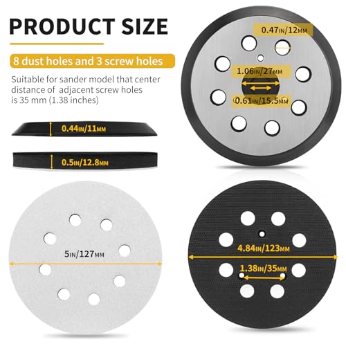 5 Inch 8 Holes Hook Loop Orbital Sander Metal Pad Replacement for Makita BO5010K BO5021 BO5030K BO5031K BO5041K with 4 PCS Foam & 36 PCS Sanding Discs 100 150 180 240 320 400 Grits - size: FIT 743081-8 & 743051-7