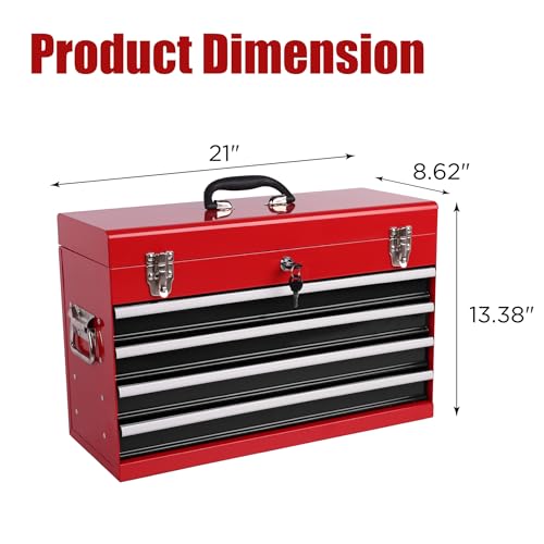 Heavy Duty Metal Tool Box, 21-inch, Portable Metal Tool Box with 4 Drawers, Small Tool Chest with EVA Liners, Ball Bearing Slide Drawers Locking & Powder Coated Finish, Multi-Function Tool Organizer - color: Tool Box-black&red
