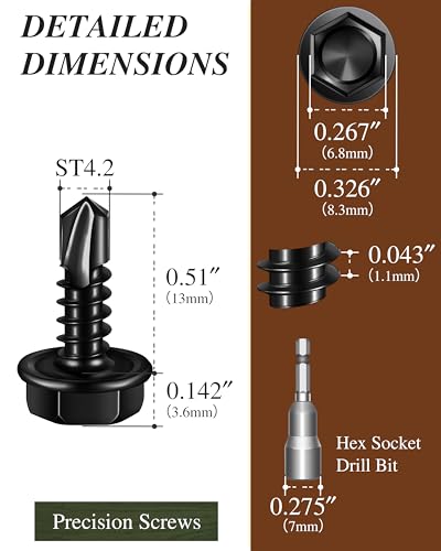 100PCS #8 x 1/2" Self Drilling Screws, Black Self Tapping Screws for Metal, 410 Stainless Steel Hex Washer Head Sheet Metal Screw, Quick Tapping with 7mm Hex Socket - color: Black, size: #8 x 1/2"