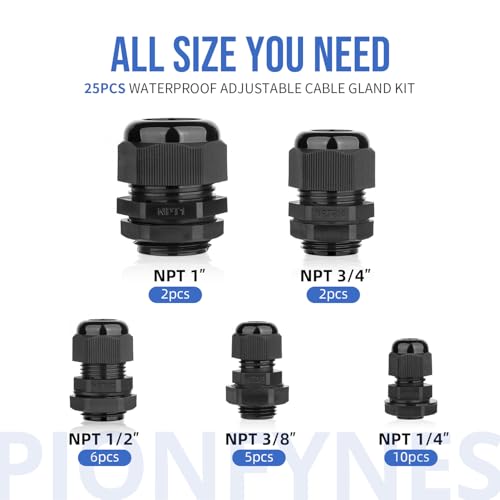 25PCS Cable Gland 3-25mm Waterproof Adjustable 1/4'', 3/8'', 1/2'', 3/4'', 1'' NPT Cable Gland Joints with Gaskets - size: NPT KIT 25pcs
