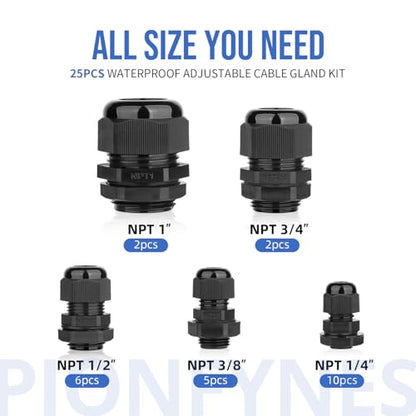 25PCS Cable Gland 3-25mm Waterproof Adjustable 1/4'', 3/8'', 1/2'', 3/4'', 1'' NPT Cable Gland Joints with Gaskets - size: NPT KIT 25pcs