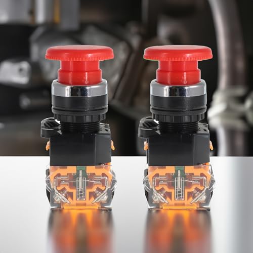 Emergency Push Button Switch, Red Mushroom Head, for Home or Industrial Equipment, Operating Rooms, Distribution Boxes, NO NC, 22mm, Spring Return (2 Pack) - size: 2 Red, style: Spring Return