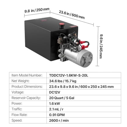 Mophorn 20 Quart Hydraulic Power Unit Double Acting Hydraulic Dump Trailer Pump (12V DC Double Action Powering Unit, SAE #6 Ports, 3200 PSI, 20 Quart Steel Reservoir)