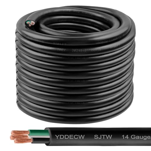 14/3 SJTW Wire 100 Feet - 14 AWG 3 Conductor SJTW Cable with UV-Resistant Jacket for Motor Leads, Battery Chargers and Machine - 100 ft Electrical Wire - color: Black, size: 14AWG/3-100FT