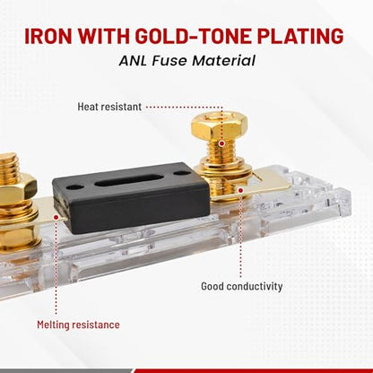 RED WOLF Car Radio Audio ANL Fuse Holder w/300A Fuse for Trolling Motor ATV Trailer Inverters Amplifier Install and Video System Electrical Protection 0/2/4 Gauge in Out, Gold Plated ANL Block 2 Pack