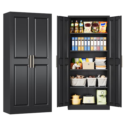 SISESOL 71" Tall Storage Cabinet with 2 Door and 5 Shelves, Wide & Deep Kitchen Pantry Cabinet,Black Metal Cabinets,Large Cupboard for Home,Kitchen,Laundry - color: Black, size: 71"H