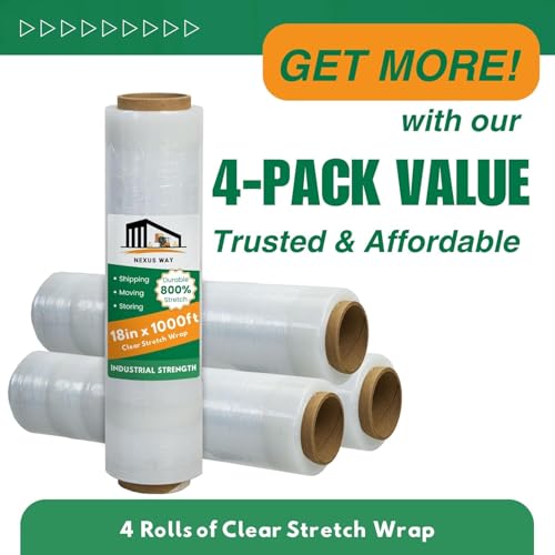 NEXUSWAY 240 PSC 60 Boxes 18'' Shrink Wrap for Moving - Stretch Film Pallet Wrap Roll Heavy Duty 1000 feet 80 Gauge Industrial Strength up to 800% Stretch 20 Microns for Shipping Moving Furniture - style: Pack of 240