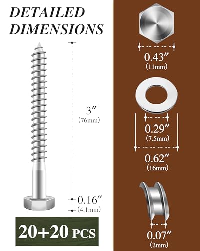 (2Box) 1/4" x 3" Hex Head Lag Screws Bolts with Flat Washers, 40Sets 304 Stainless Steel 18-8 Heavy Duty 1/4 Lag Bolts for Wood with Hex Socket - size: 1/4" x 3", style: 2-Box