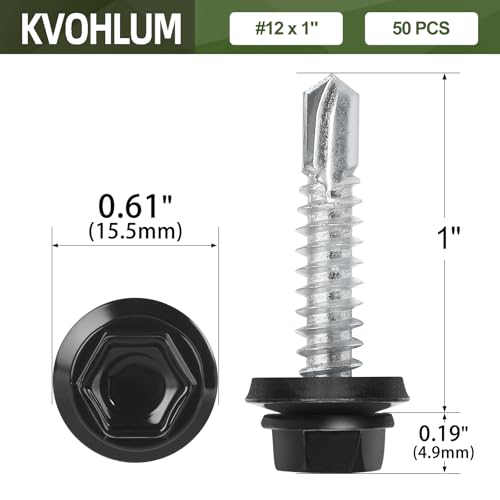 #12 x 1 (50 PCS) Black Metal Roofing Screws with Rubber Washer, Hex Head Self Tapping Screws for Metal, Self Drilling Sheet Metal Screw - size: #12 x 1"