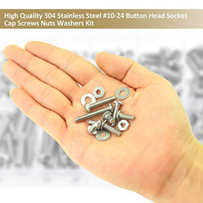 152 Pieces #10-24 x 1/4", 5/16", 3/8", 1/2", 5/8", 3/4", 1", 1-1/4", Button Head Socket Cap Screws Nuts Washers Assortment Kit, 304 Stainless Steel, Fully Machine Thread - size: #10-24, style: Button Head