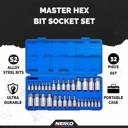 NEIKO 10288A Allen Hex Bit Socket Set, 32 Piece SAE and Metric Allen Socket Set, Allen Head Hex Key Socket Set Made with S2 Steel - size: 32 Piece, style: Allen Hex Bit